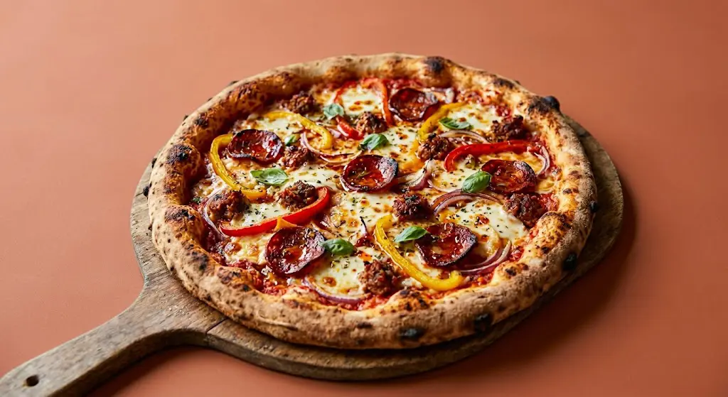 Pizza chorizo poivrons merguez oignons — Marilyse · Pizzas artisanales Grasse